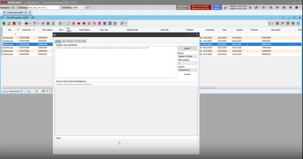 AI okno v NORIS.NEXT – zadanie požiadavky / promptu