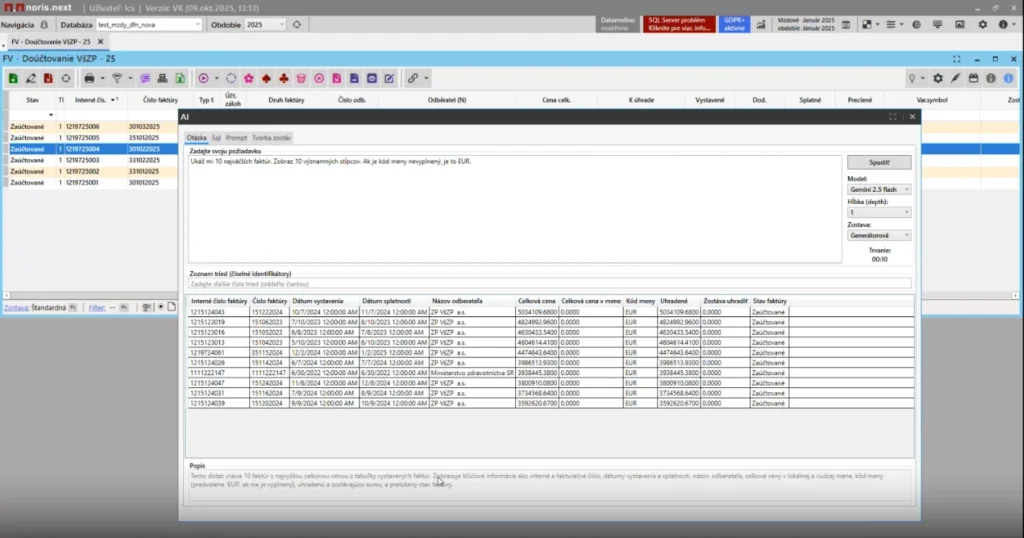 AI výsledok v NORIS.NEXT – vygenerovaná analytická tabuľka